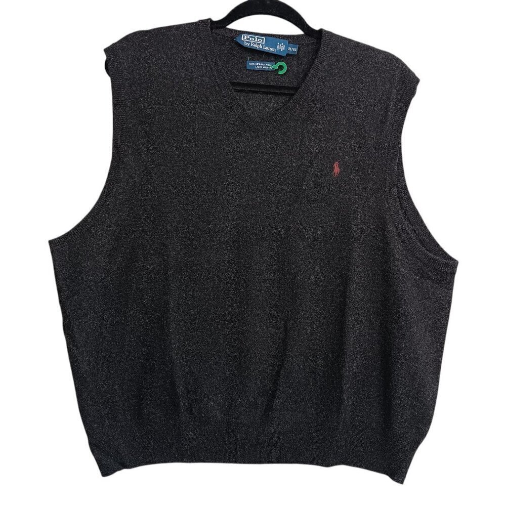 POLO by RALPH LAUREN Men Sweater Vest Gray Sz.XL Wool V-neck Pullover Pony Logo